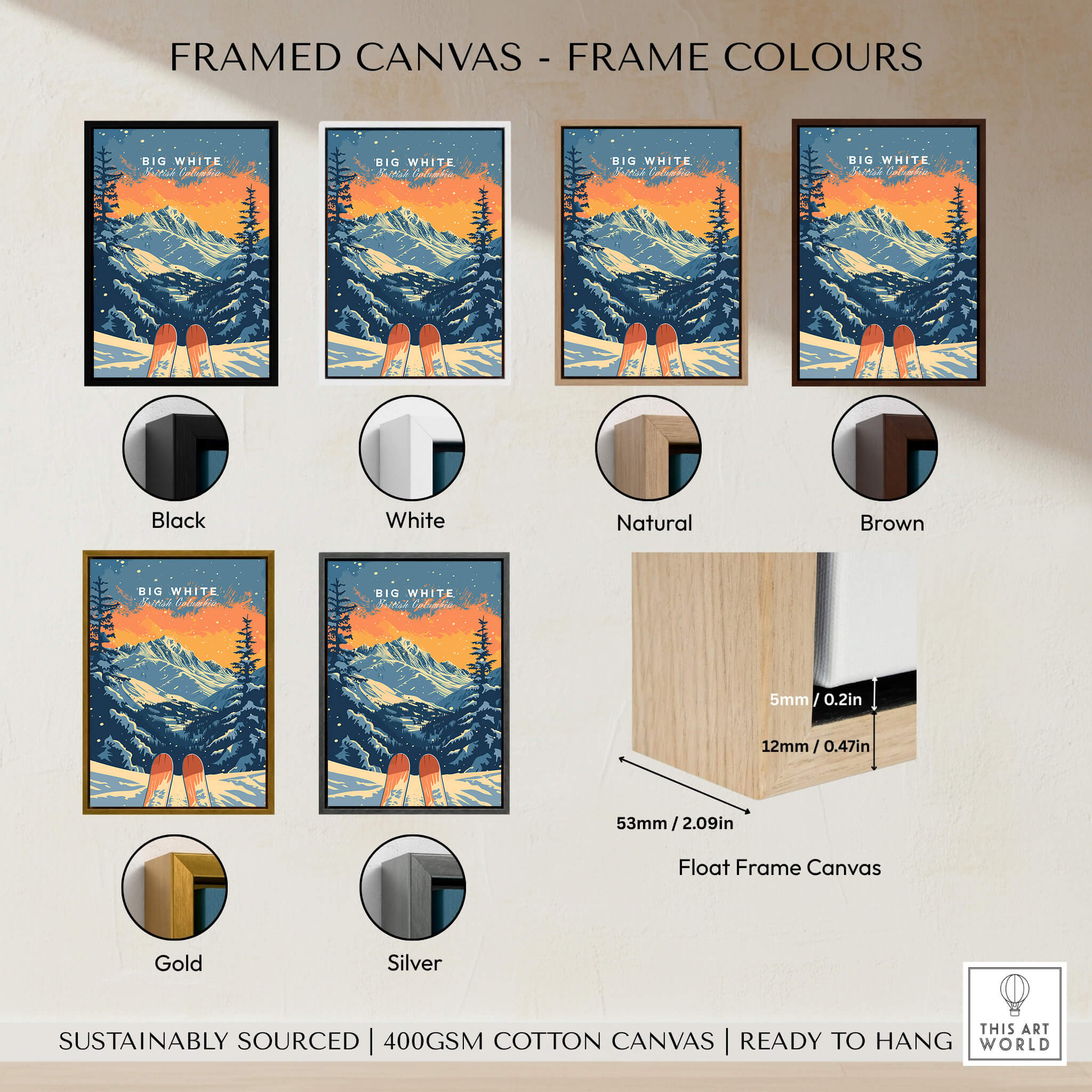 Framed canvas options for Big White Travel Poster - British Columbia in various colors including black, white, natural, brown, gold, and silver.