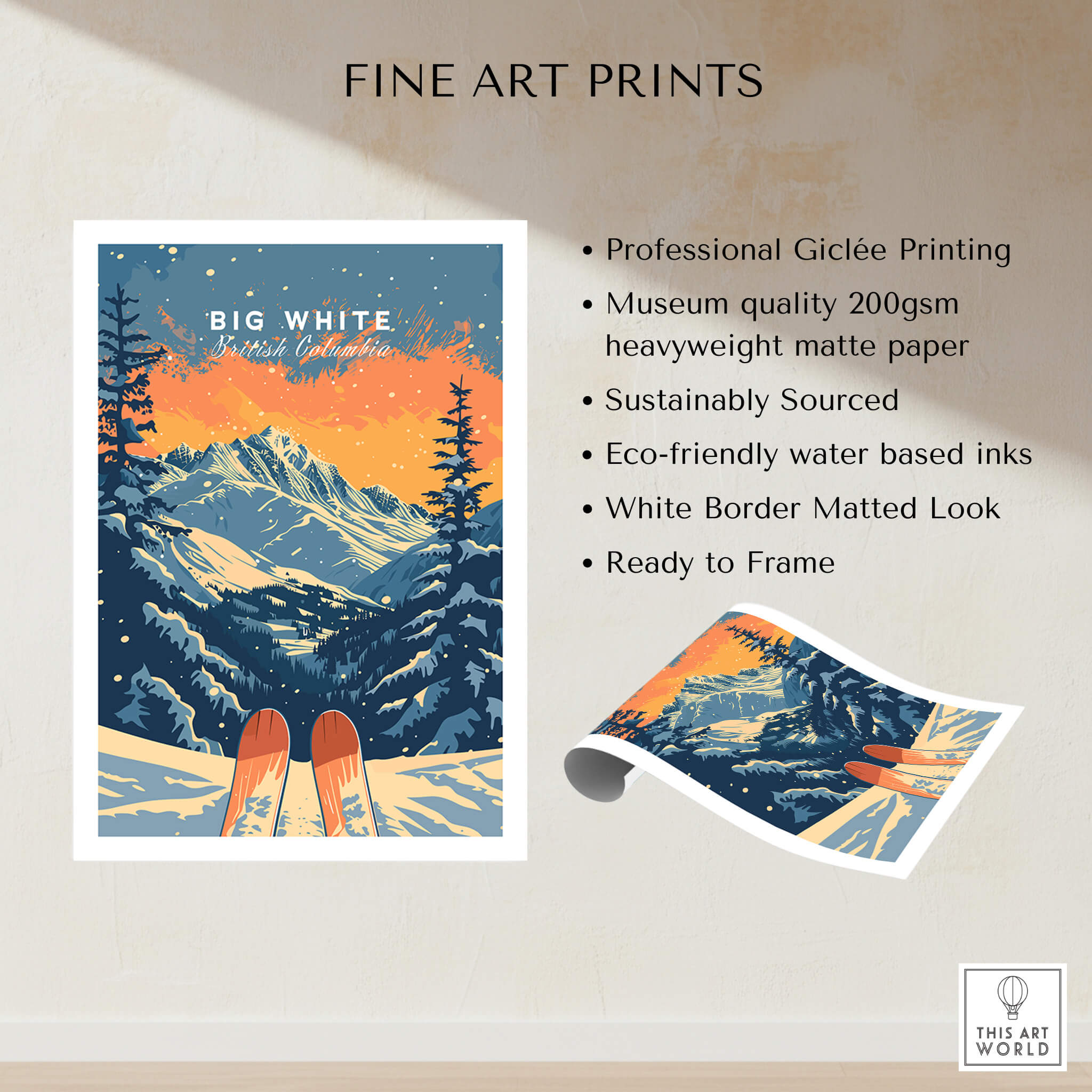 Big White Travel Poster - British Columbia showcasing stunning mountain landscapes and ski aesthetics.