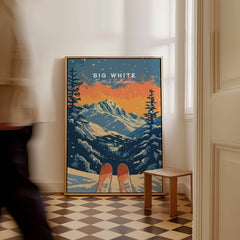 Big White Travel Poster - British Columbia showcasing snowy mountains and ski culture in vibrant colors.