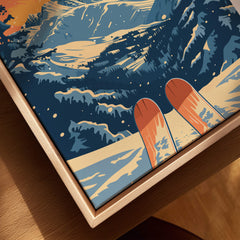 Big White Travel Poster - British Columbia featuring skis and majestic mountain scenery.