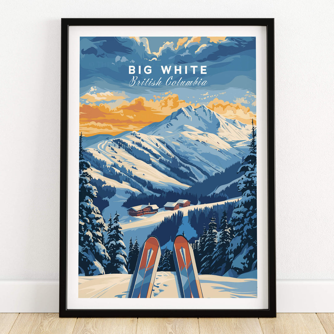 Big White Ski Poster - British Columbia showcasing snowy mountains and ski equipment in a vibrant landscape.