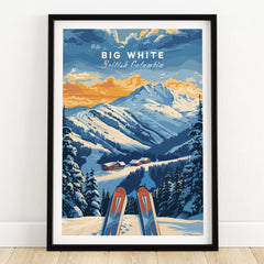 Big White Ski Poster - British Columbia showcasing snowy mountains and ski equipment in a vibrant landscape.