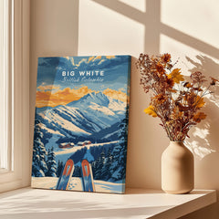 Big White Ski Poster - British Columbia showcasing breathtaking mountain views and skis in front of a window.