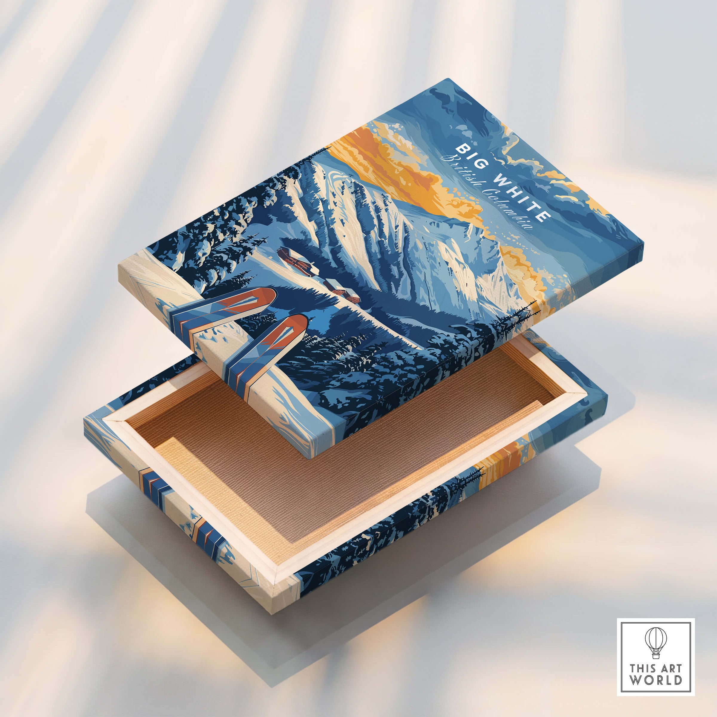 Big White Ski Poster - British Columbia design on a decorative box showcasing snowy mountains and ski slopes.