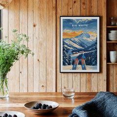 Big White Ski Poster - British Columbia displayed in a cozy wooden interior with floral decor and dining setup.