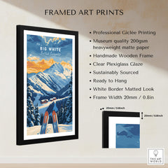 Big White Ski Poster - British Columbia framed art print showcasing stunning snowy mountains and ski gear.