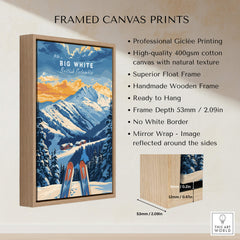 Big White Ski Poster - British Columbia displayed in a handmade wooden frame with professional Giclée printing.