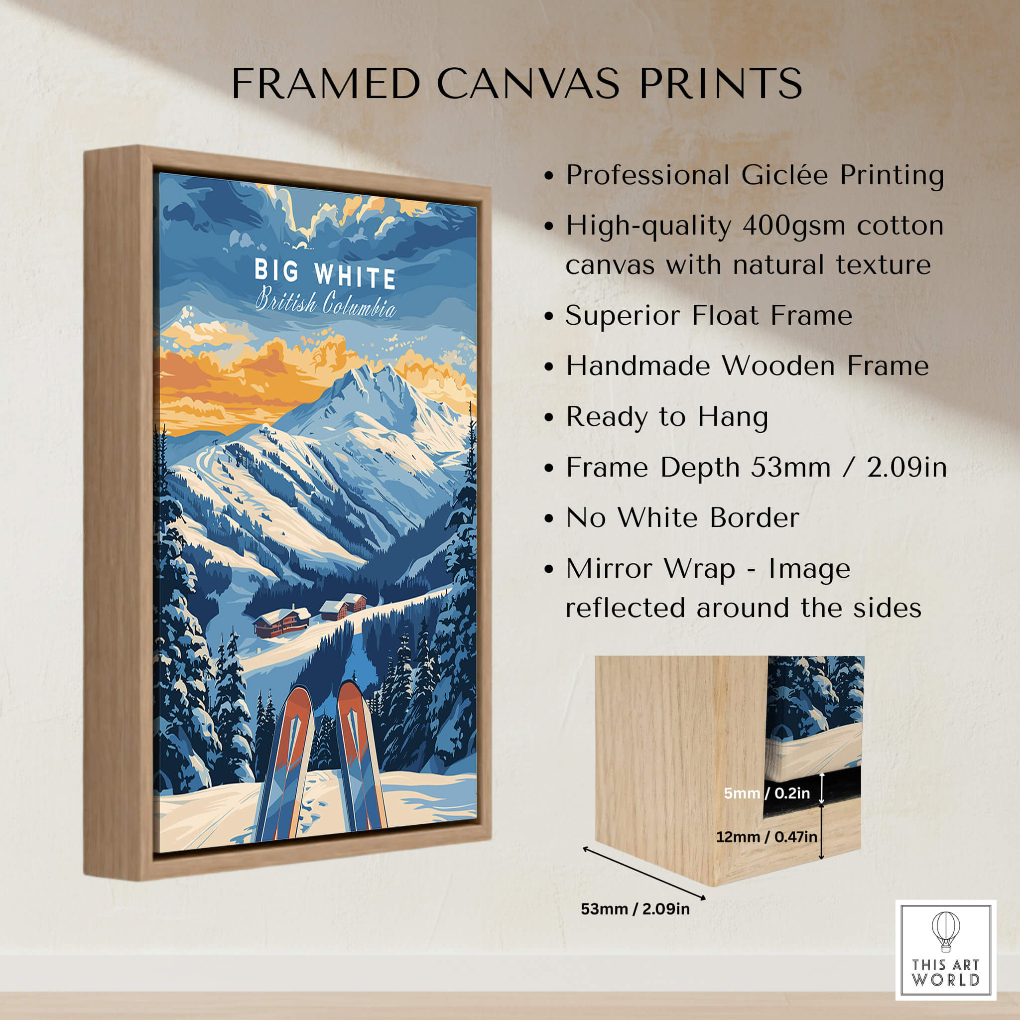 Big White Ski Poster - British Columbia displayed in a handmade wooden frame with professional Giclée printing.