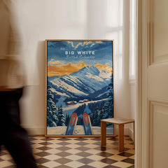 Big White Ski Poster - British Columbia displayed in a cozy home setting with stunning mountain views.