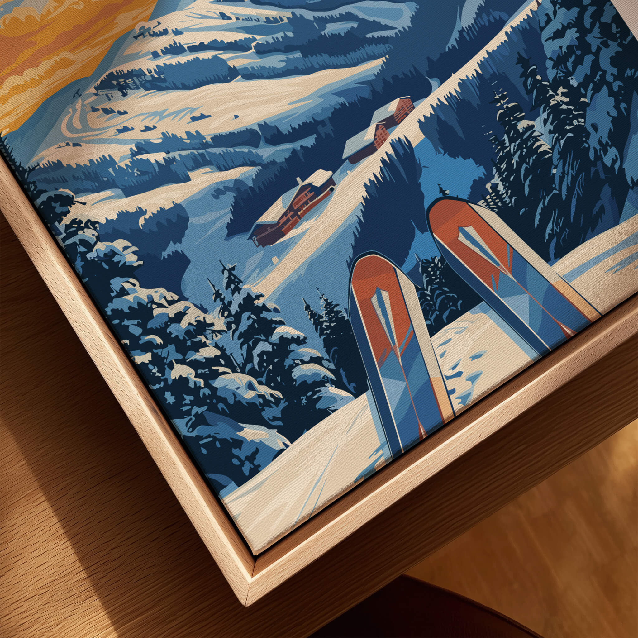 Big White Ski Poster - British Columbia featuring skis with a scenic snowy landscape of the Canadian Rockies.