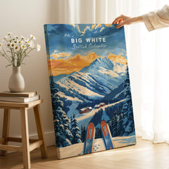 Big White Ski Poster - British Columbia showcasing snowy mountains and skis, ideal for winter adventure decor.