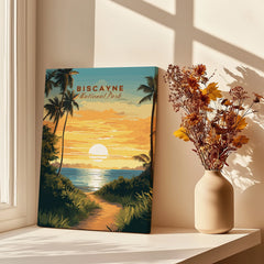 Biscayne National Park travel poster print by window with dried flowers and sunlight shadows.