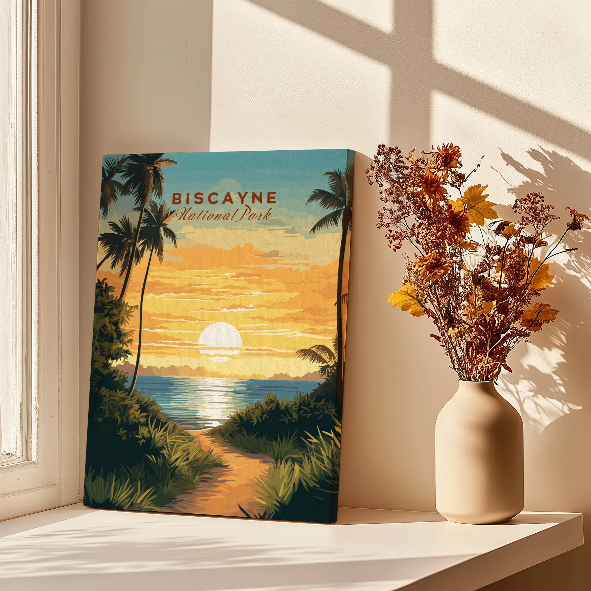 Biscayne National Park travel poster print by window with dried flowers and sunlight shadows.