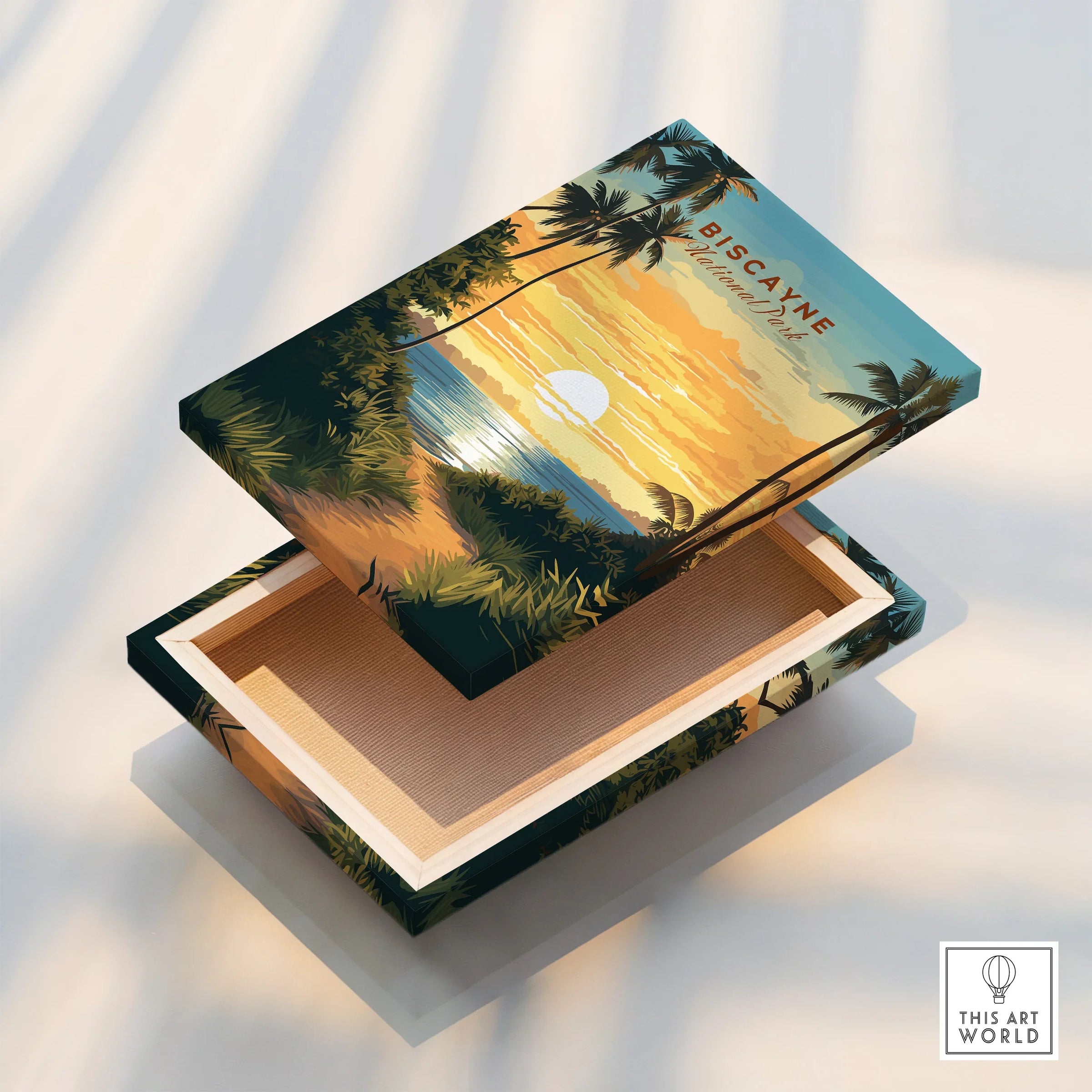 Biscayne National Park wall art canvas with sunset, tropical palms, and floating frame detail