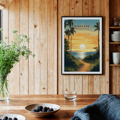 Biscayne National Park art print with sunset and palm trees, framed on wood kitchen wall