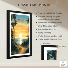 Framed Biscayne National Park art print with palm trees, sunset, and highlighted print features.