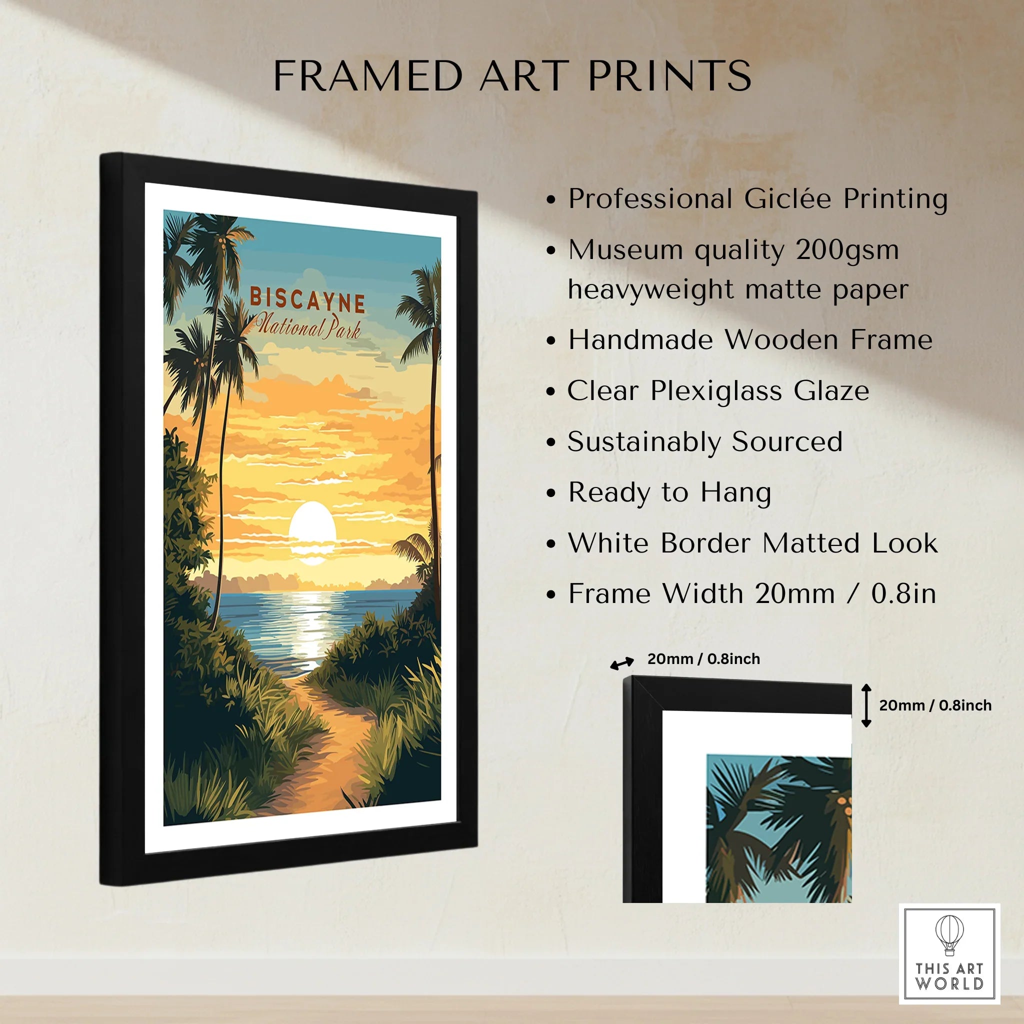 Framed Biscayne National Park art print with palm trees, sunset, and highlighted print features.