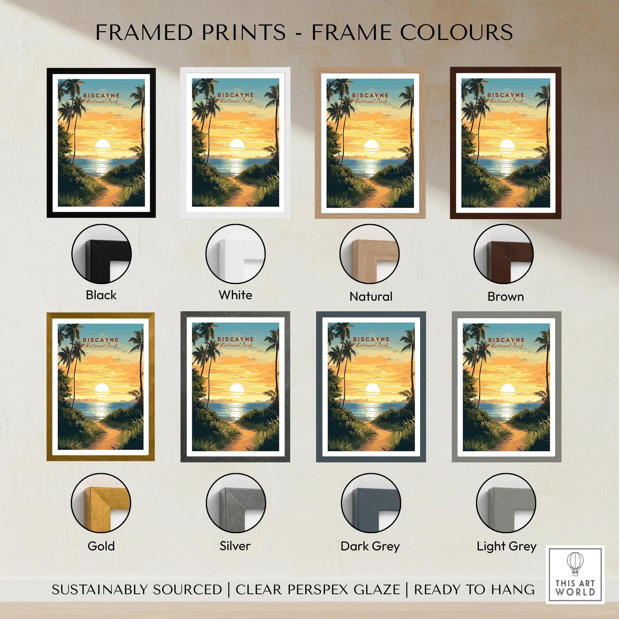 Biscayne National Park sunset art print with eight frame color options, travel poster style.