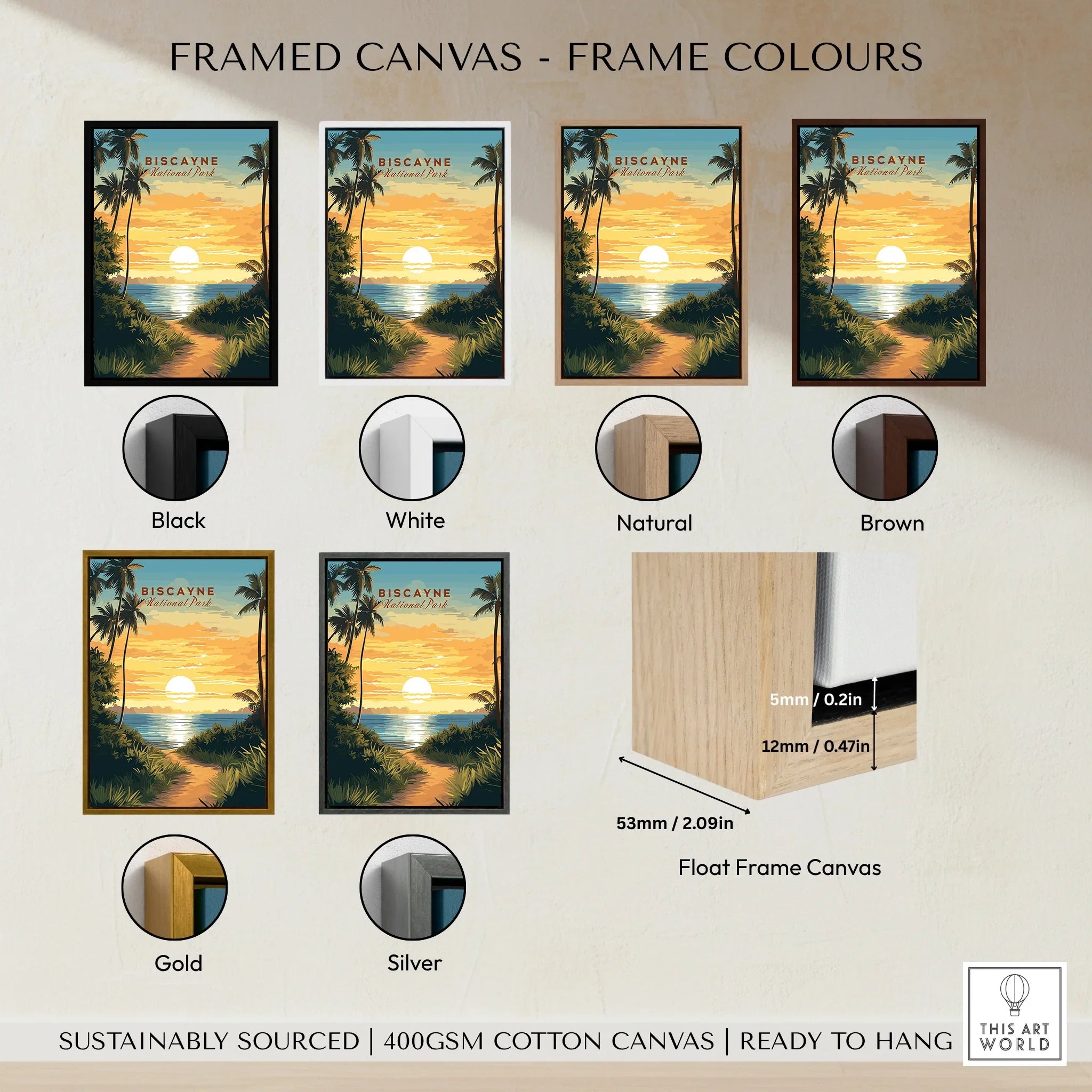 Biscayne National Park sunset canvas wall art with six frame color options: black, white, natural, brown, gold, silver.