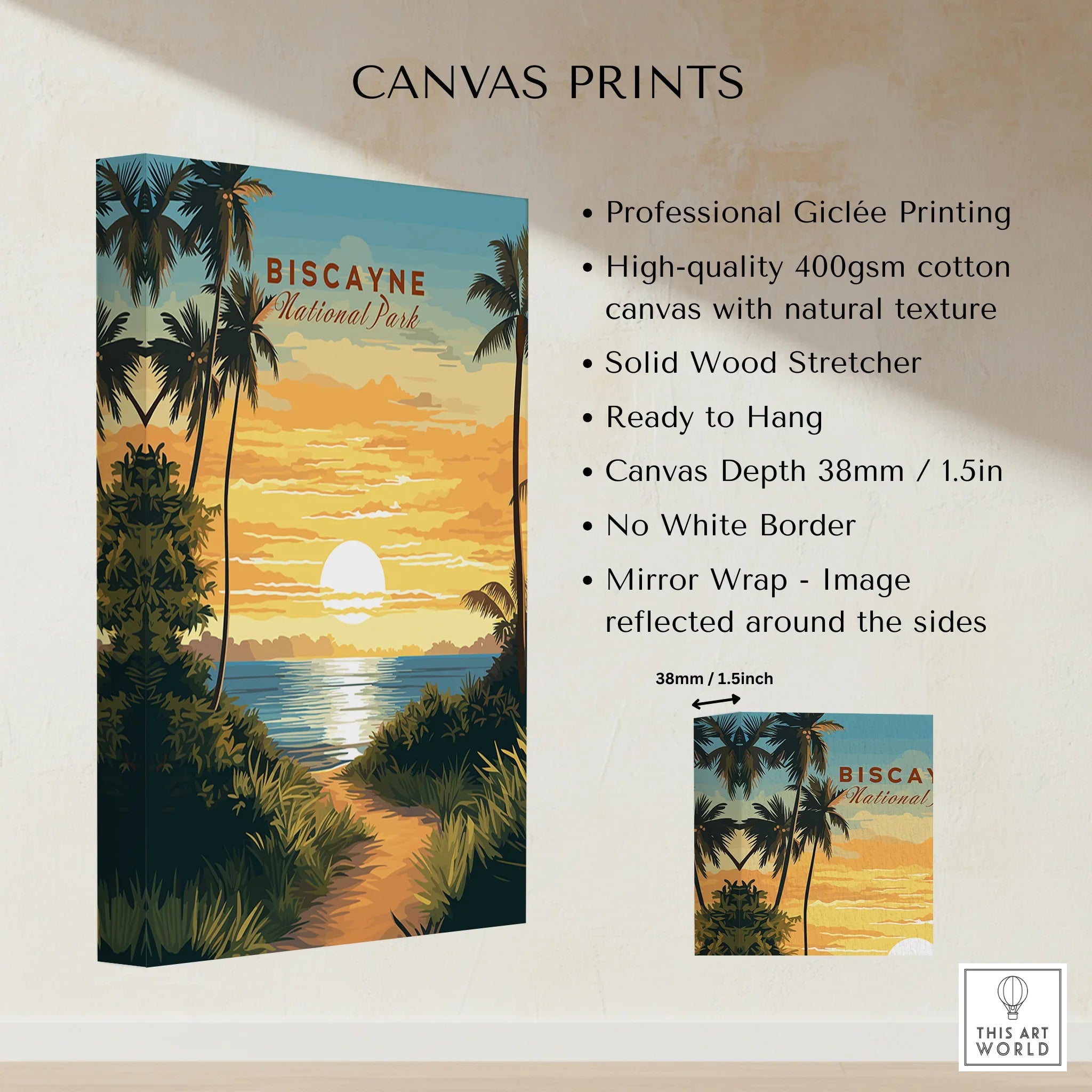 Biscayne National Park sunset canvas print with palm trees and ocean, cotton canvas details