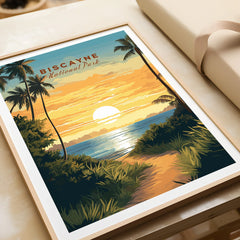 Biscayne National Park sunset art print with palm trees, ocean, and natural wood frame