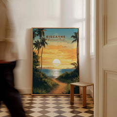 Framed Biscayne National Park travel poster with sunset, palm trees, and a coastal path