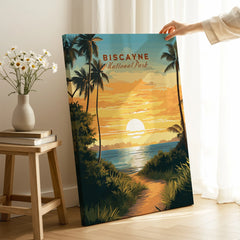 Biscayne National Park travel poster canvas with sunset, palm trees, and ocean in modern room