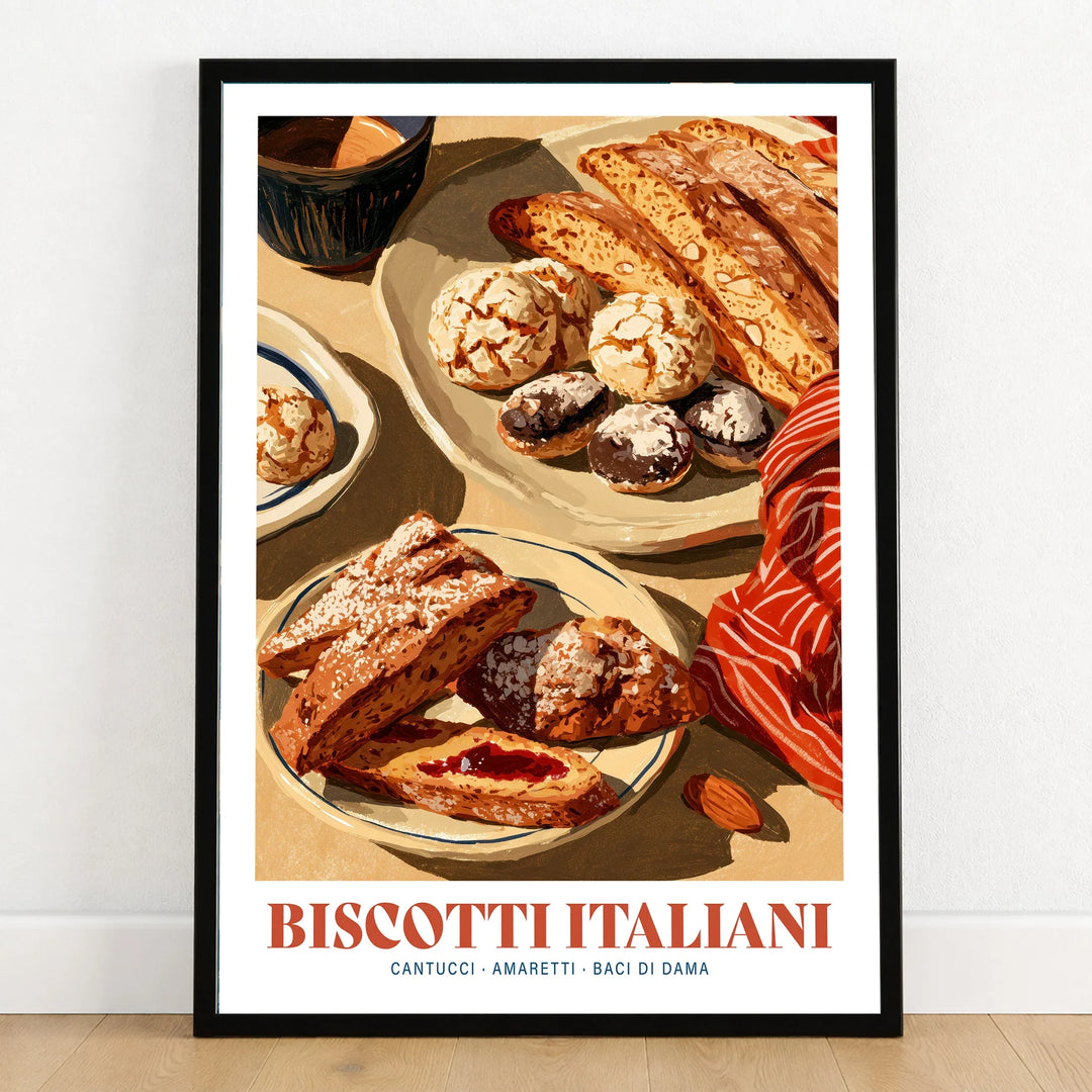 Italian Biscotti Kitchen Wall Art - art print in black frame on wooden floor