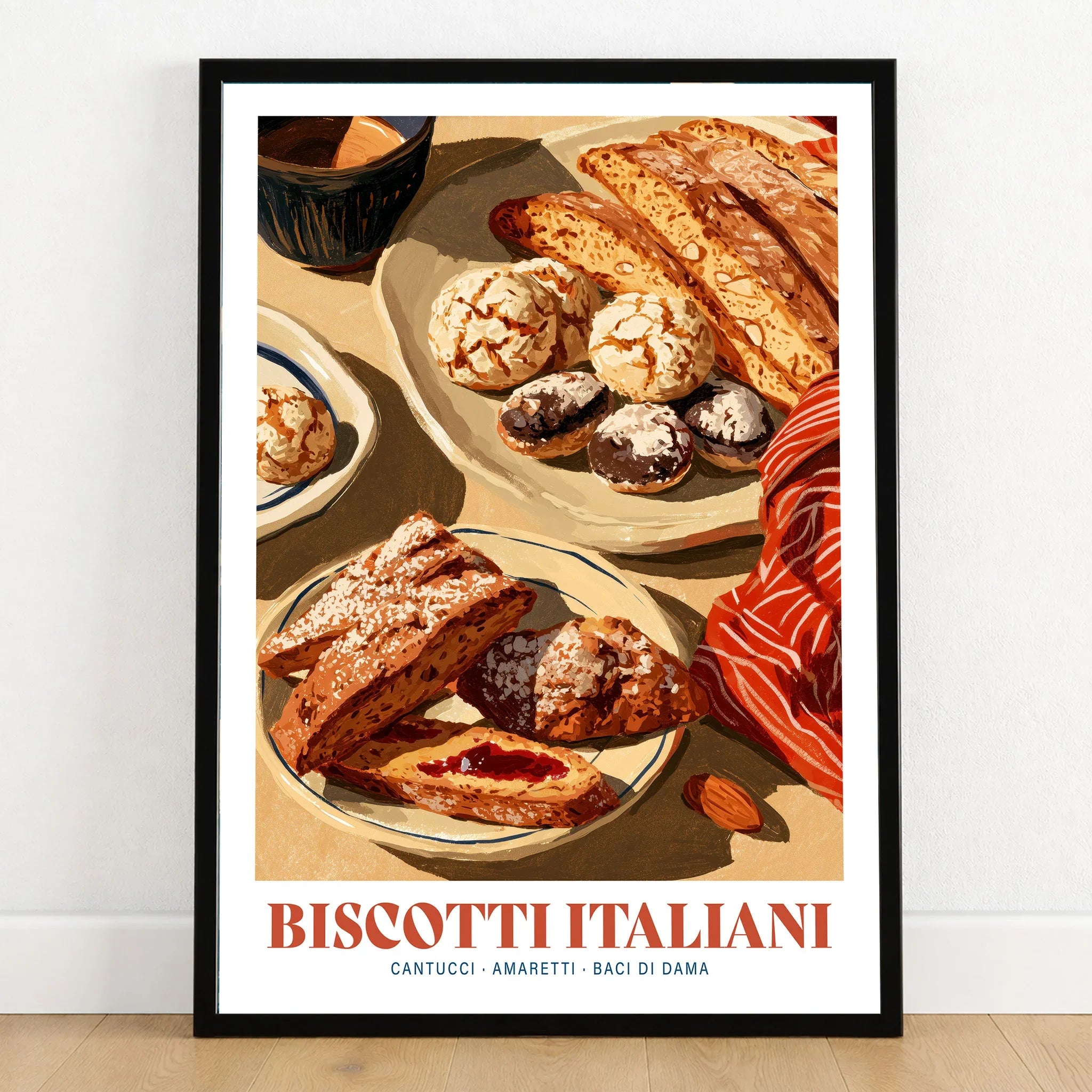 Italian Biscotti Kitchen Wall Art - art print in black frame on wooden floor