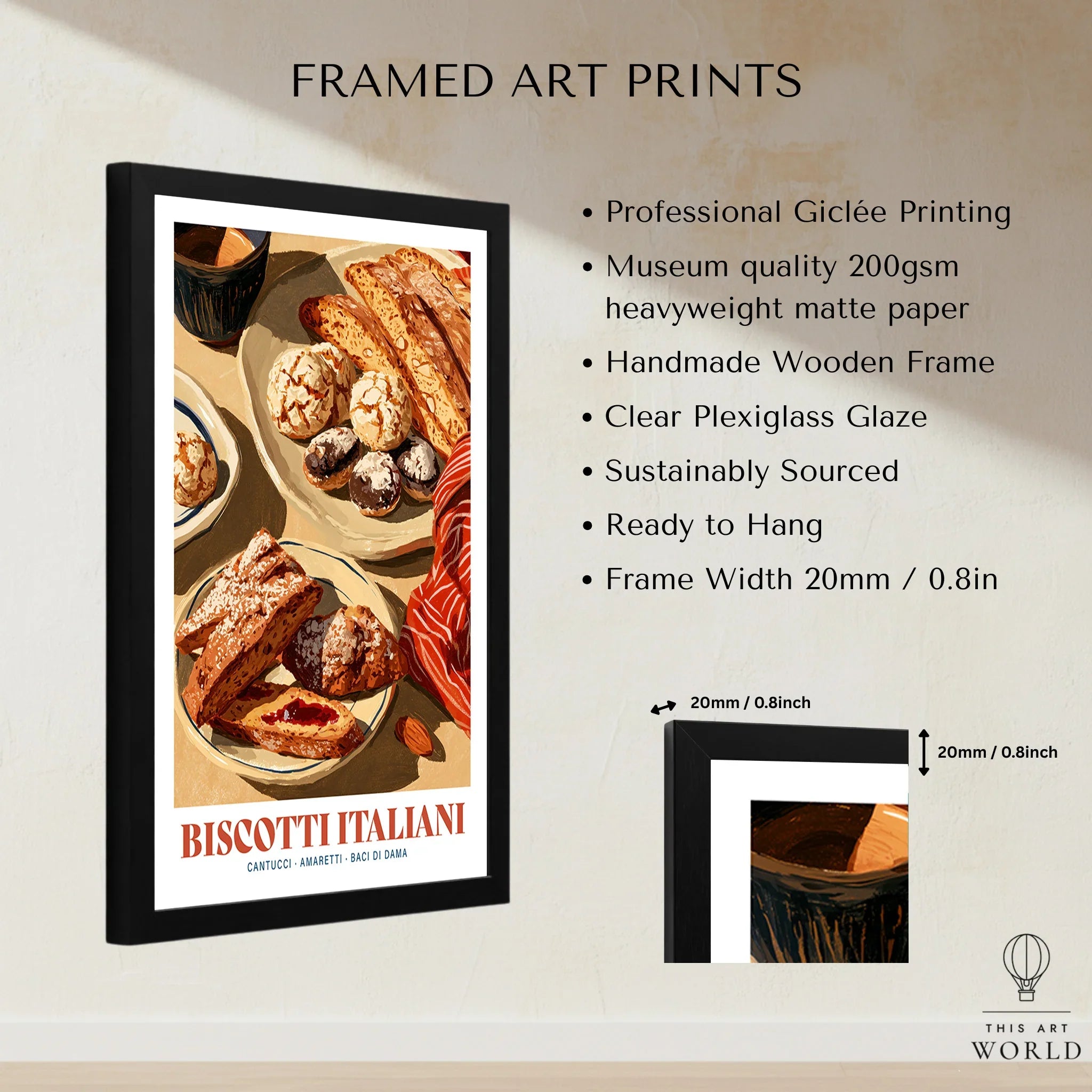 Italian Biscotti Kitchen Wall Art - framed print details measurements quality details