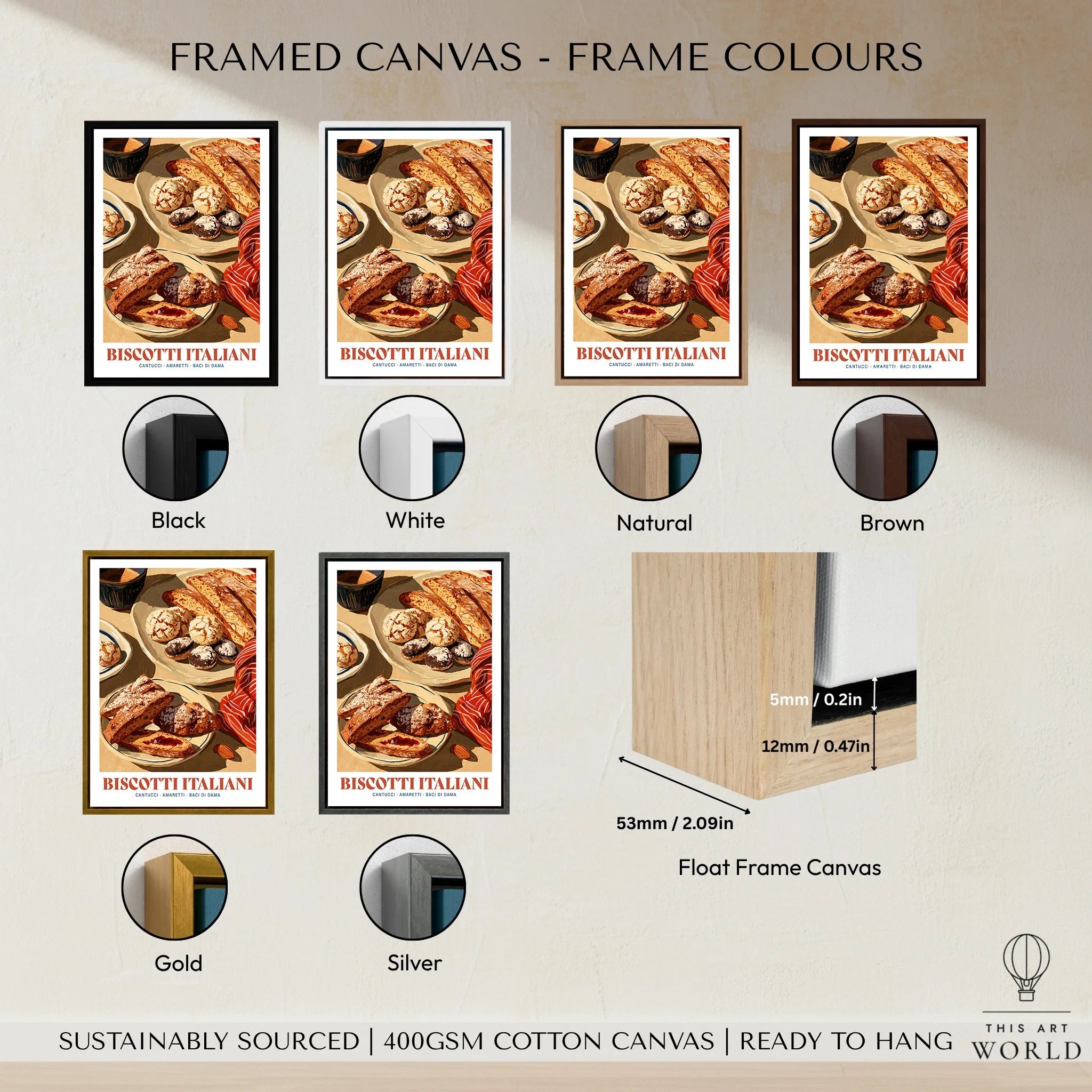 Italian Biscotti Kitchen Wall Art - framed canvas float frame colour options