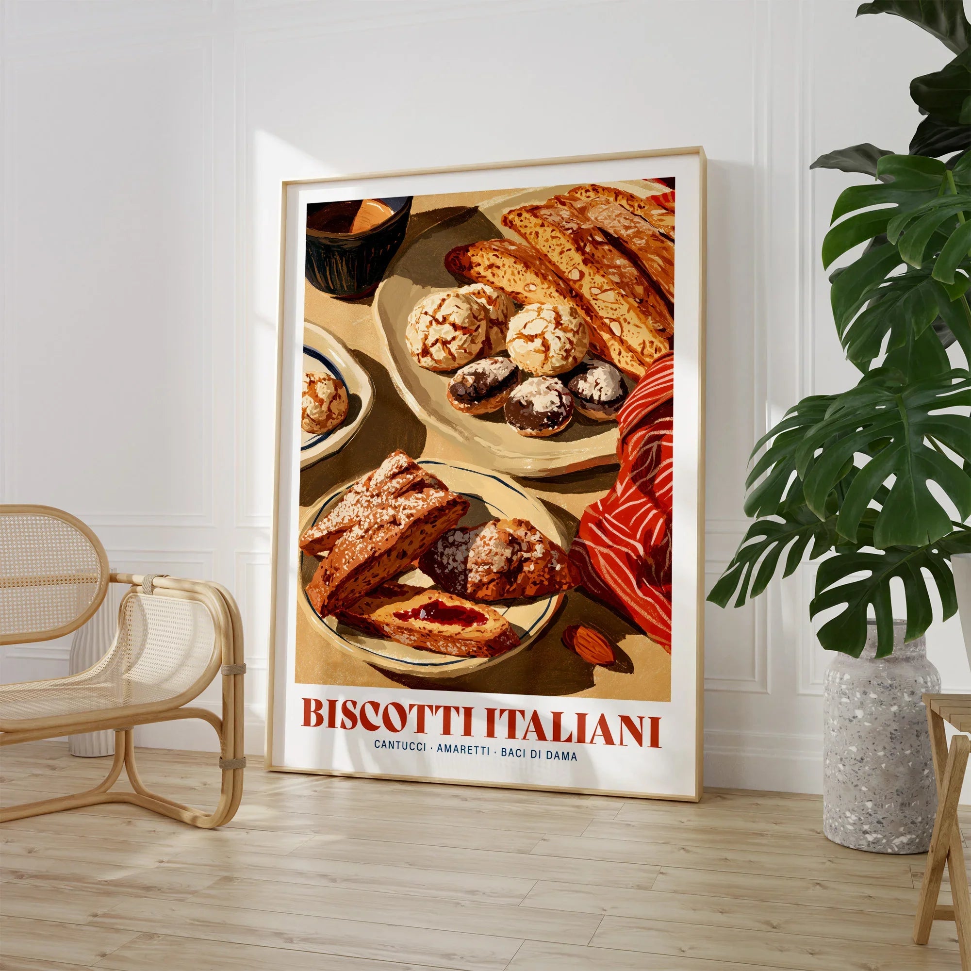 Italian Biscotti Kitchen Wall Art - large framed print room setting chair plant
