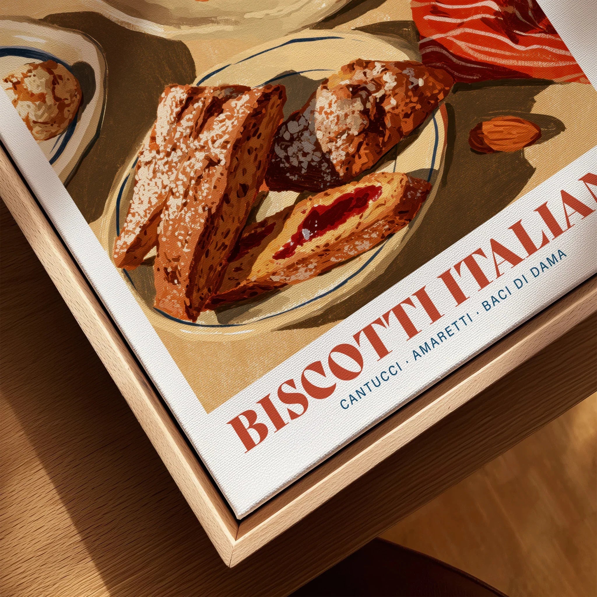 Italian Biscotti Kitchen Wall Art - closeup framed canvas natural wood floating frame