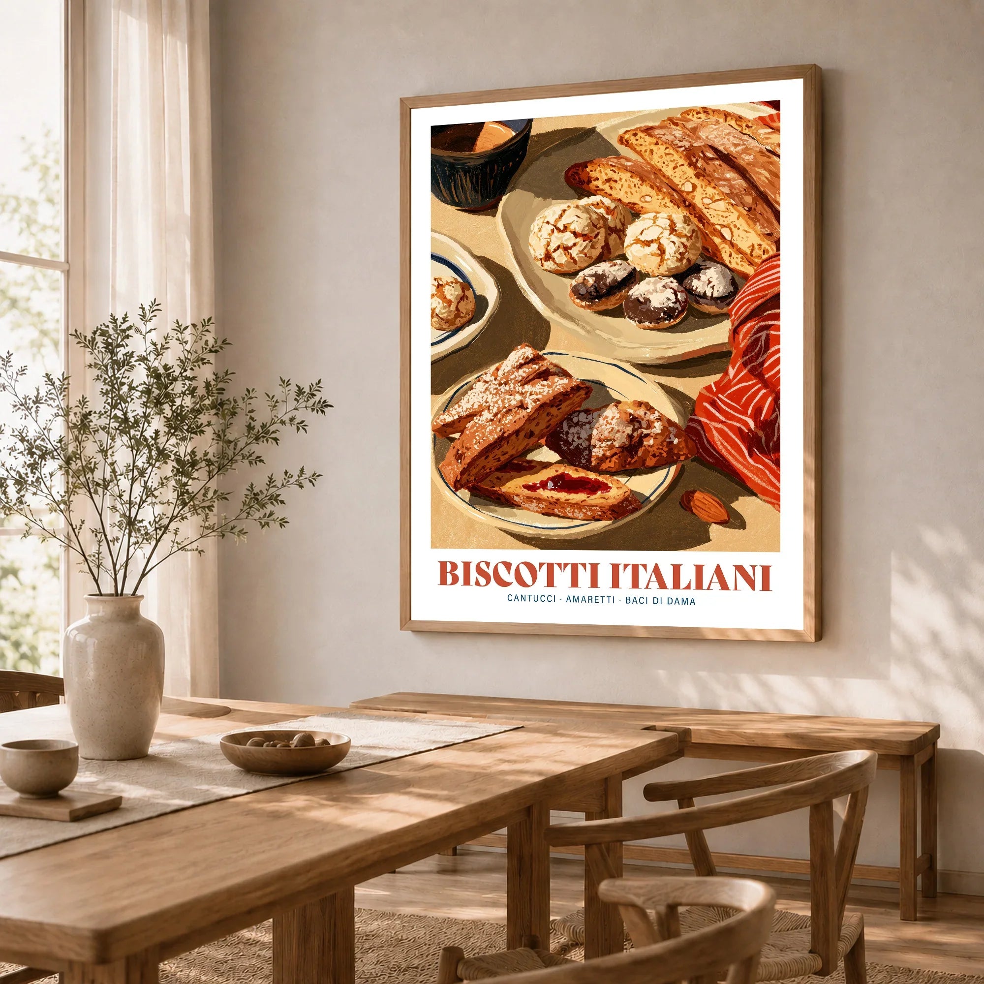 Italian Biscotti Kitchen Wall Art - dining room framed print natural wood frame mockup ThisArtWorld