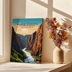 Black Canyon National Park print on canvas by a sunny window with vase of dried flowers
