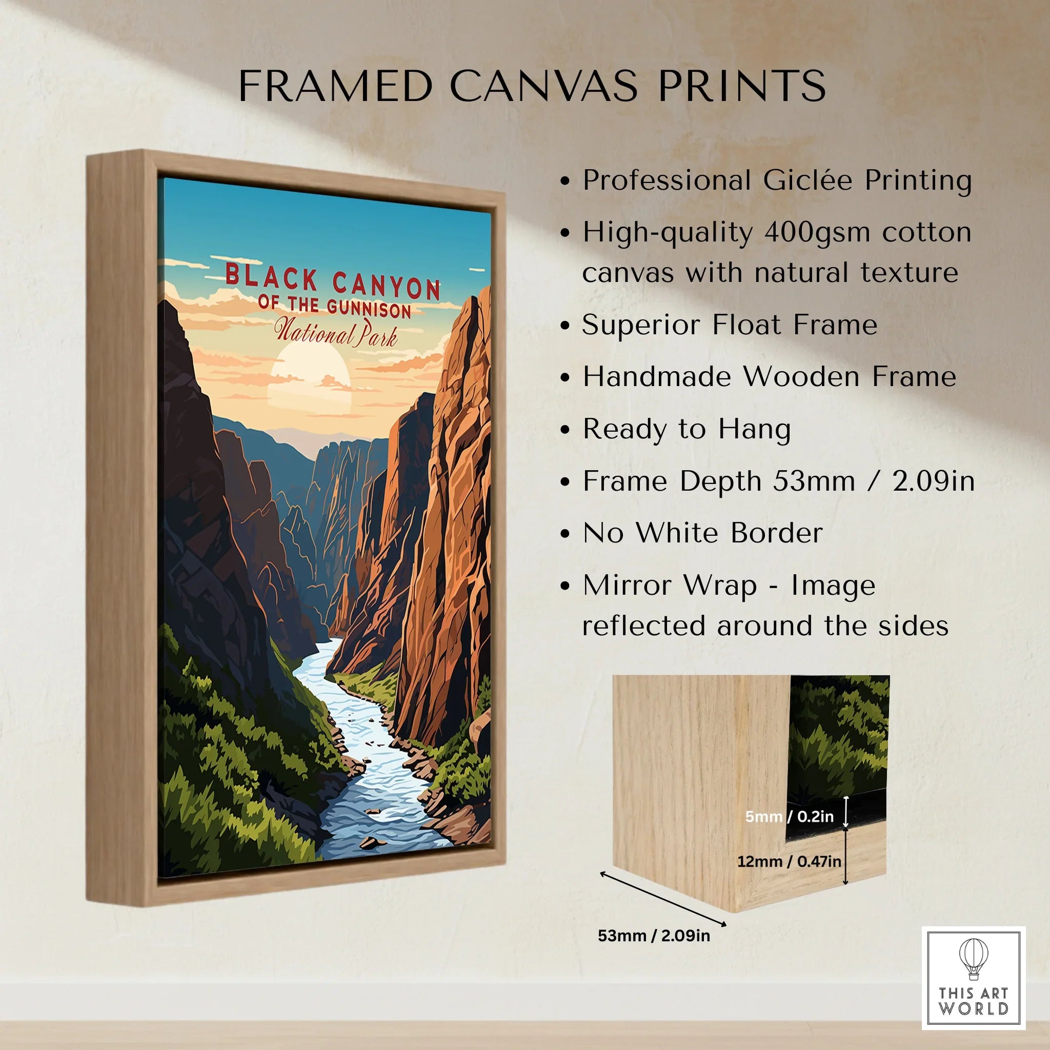 Framed Black Canyon National Park travel poster print with float frame details and features