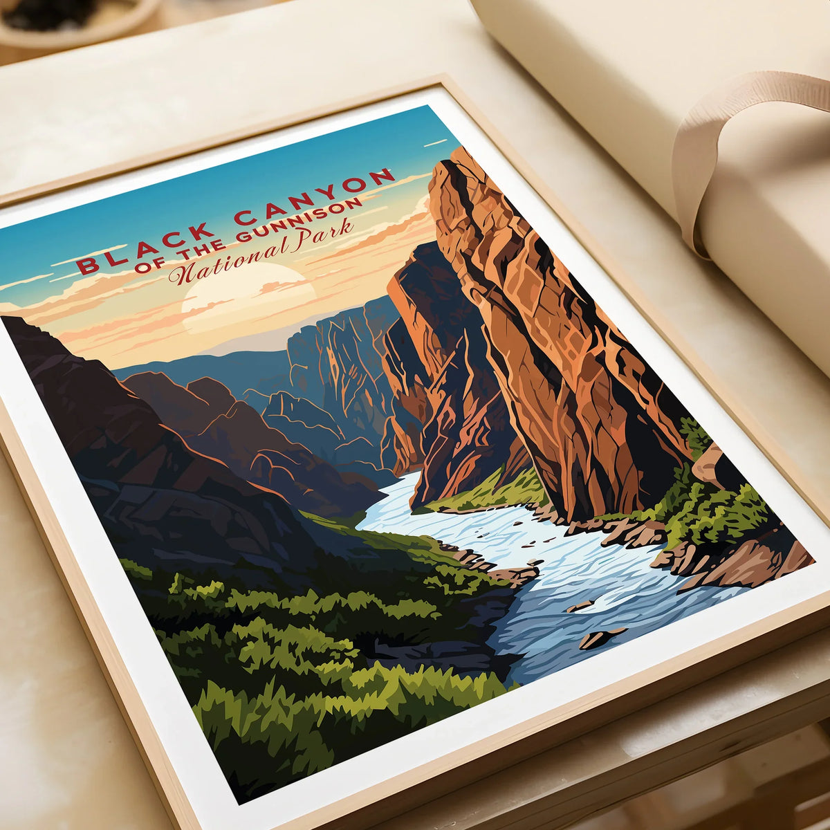 Black Canyon National Park travel poster print with scenic river and rocky cliffs in a natural wood frame