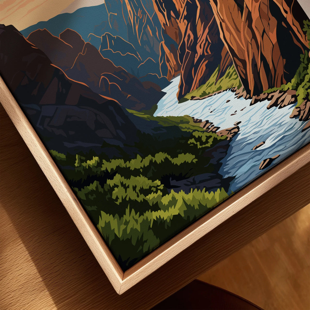 Closeup of Black Canyon poster print with river, cliffs, and natural wood floating frame