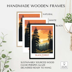 Three handmade wooden frames in black, white, and natural, showcasing a Black Forest art print, ready to hang.
