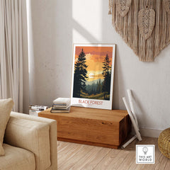 Stylish Black Forest art print displayed in a modern home setting, capturing vibrant colors of nature.