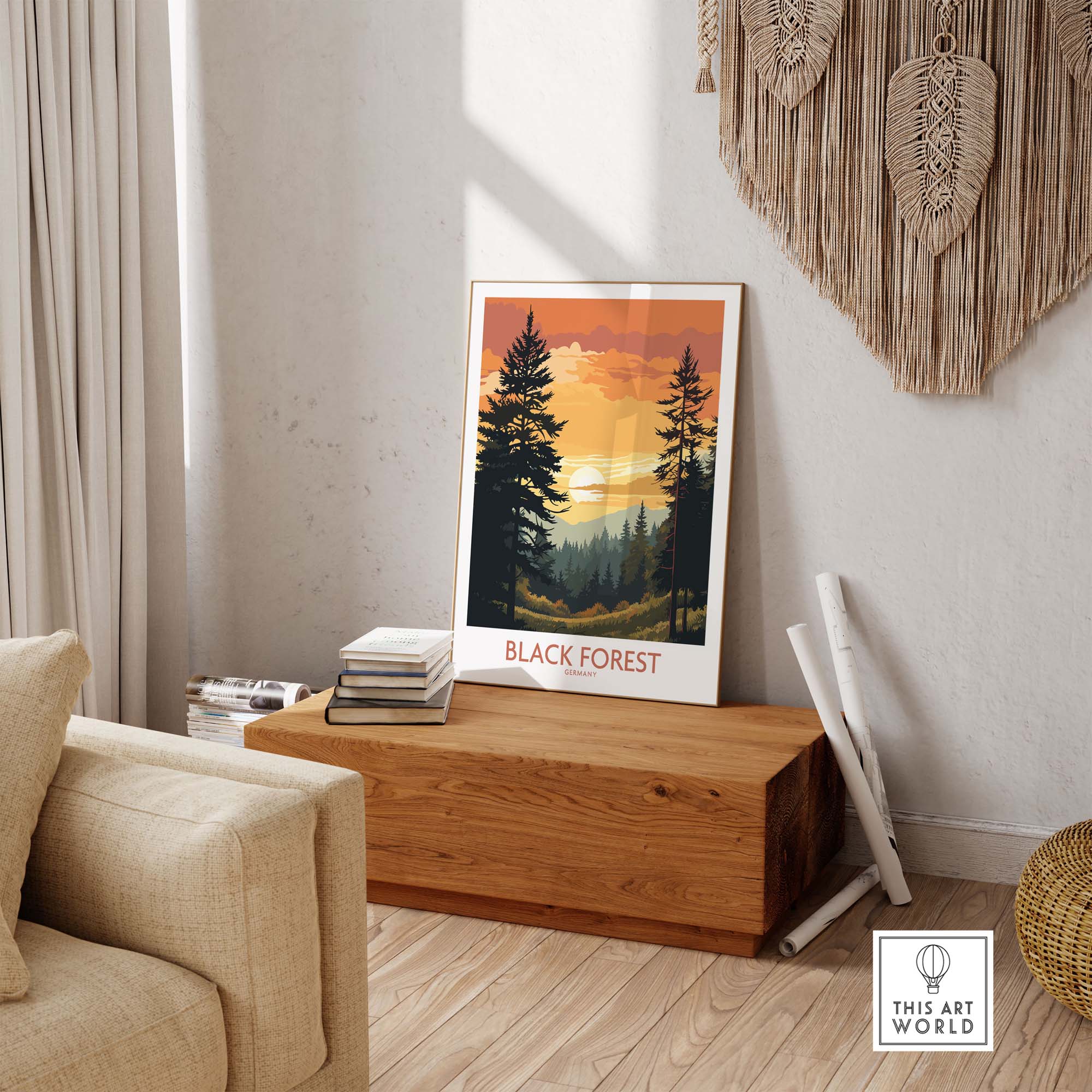 Stylish Black Forest art print displayed in a modern home setting, capturing vibrant colors of nature.