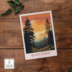 Modern Black Forest art print showcasing vibrant scenery and sunset in Germany, perfect for home decor.