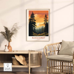 Modern Black Forest art print featuring vibrant sunset and trees, perfect for home decor and travel memories.