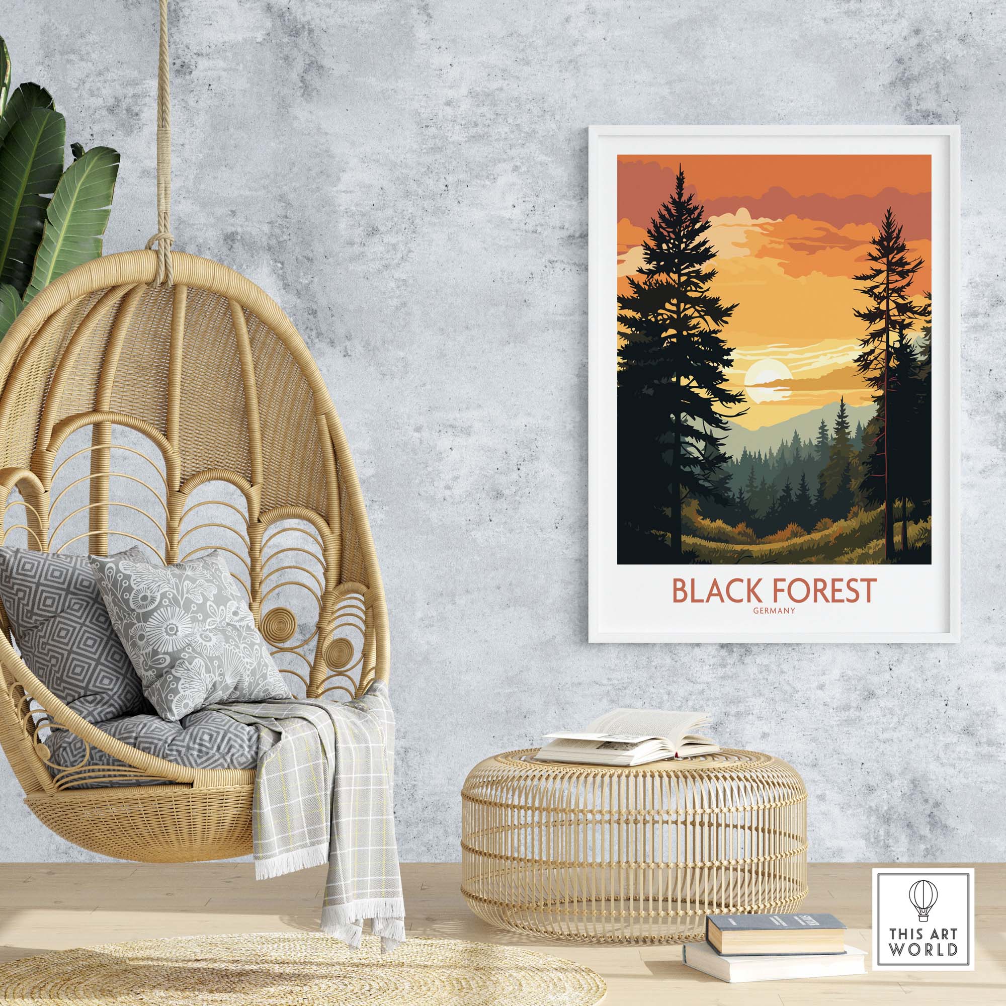 Modern Black Forest art print featuring trees and sunset, enhancing stylish interior decor.