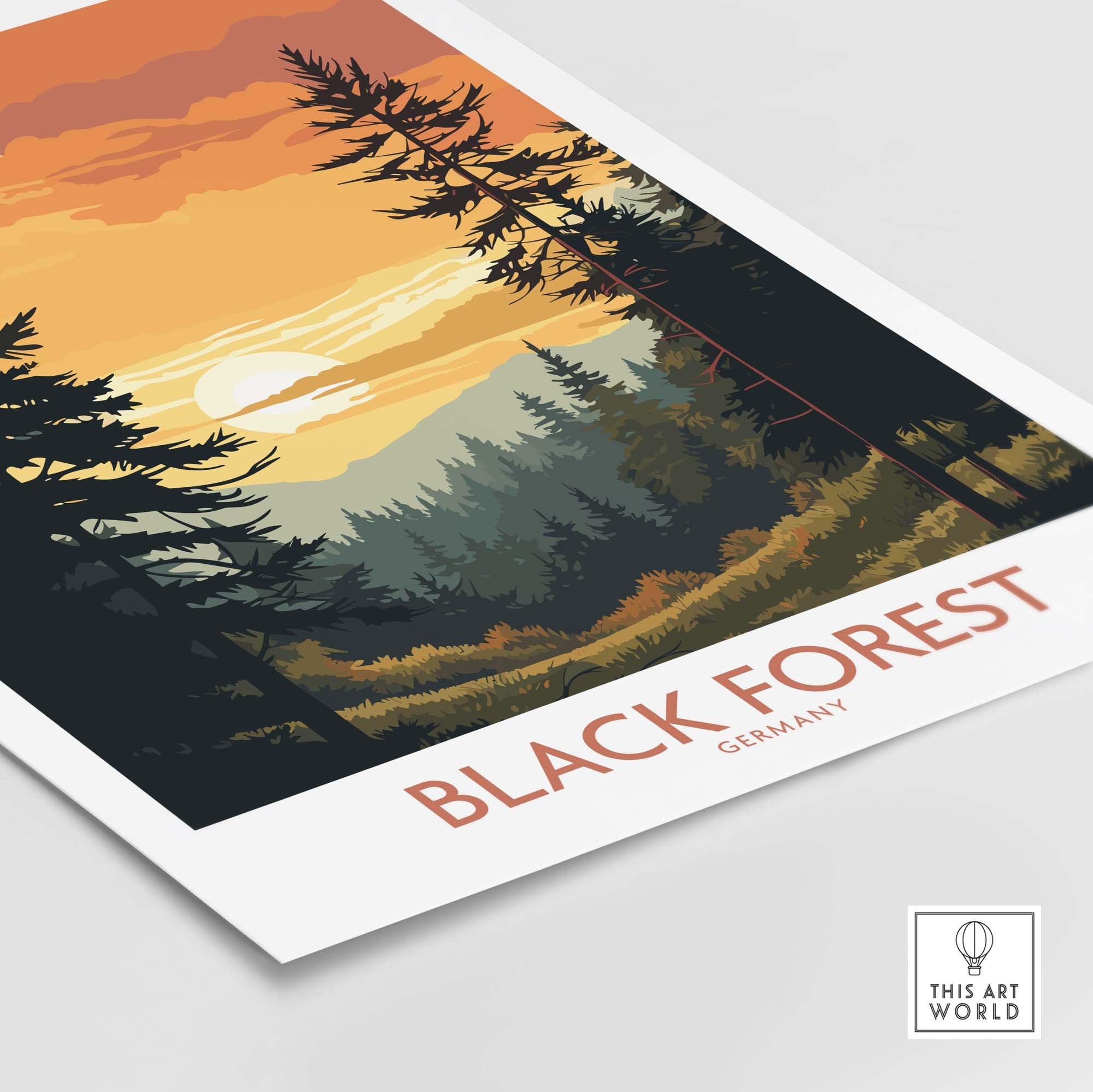 Black Forest modern art print showcasing vibrant nature scene, perfect for decorating your space and celebrating travel memories.