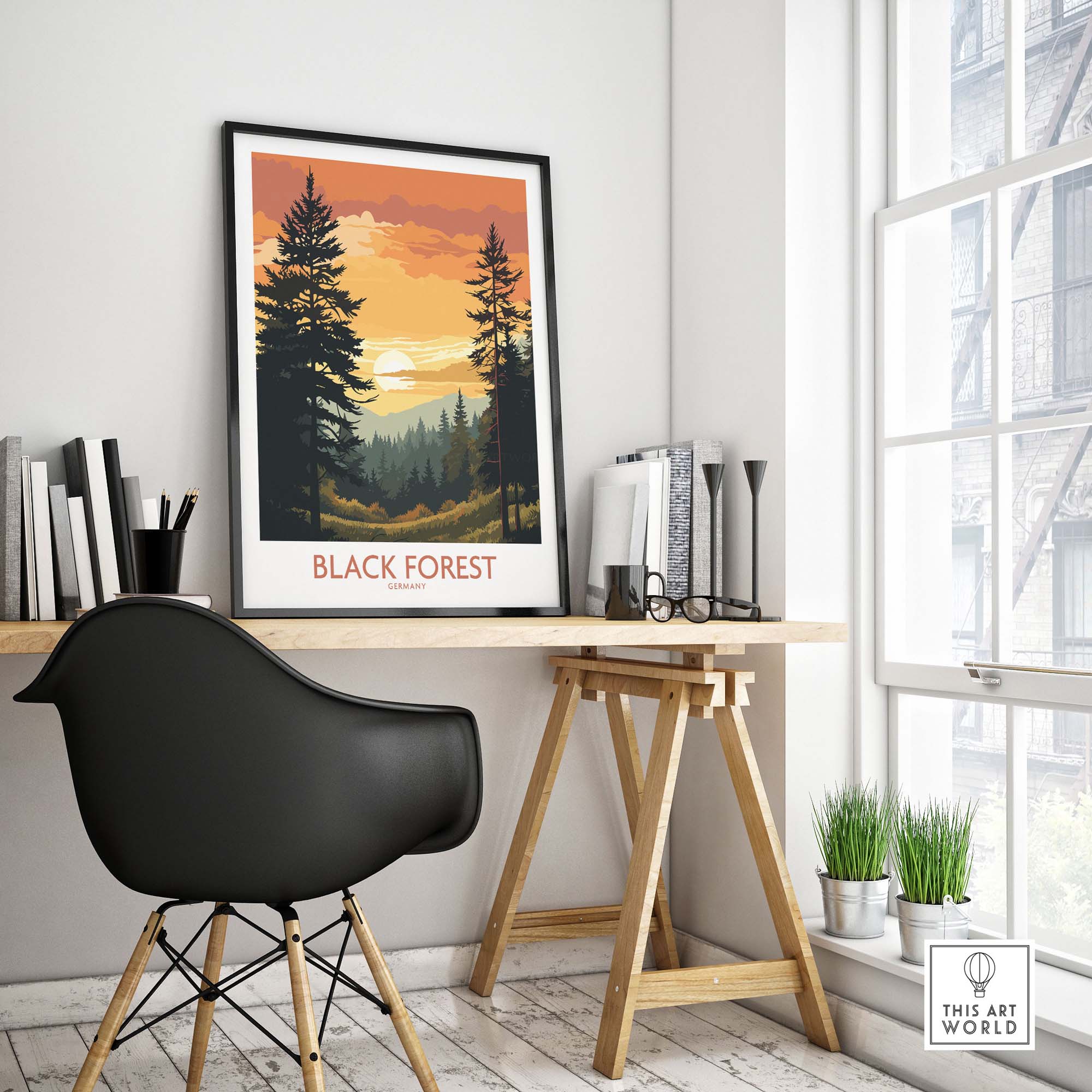 Modern Black Forest art print in stylish interior setting, showcasing trees and sunset, perfect for travel memories.