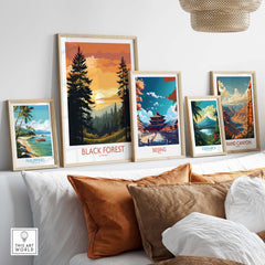 Modern Black Forest art print displayed among travel posters of iconic destinations on a stylish wall.