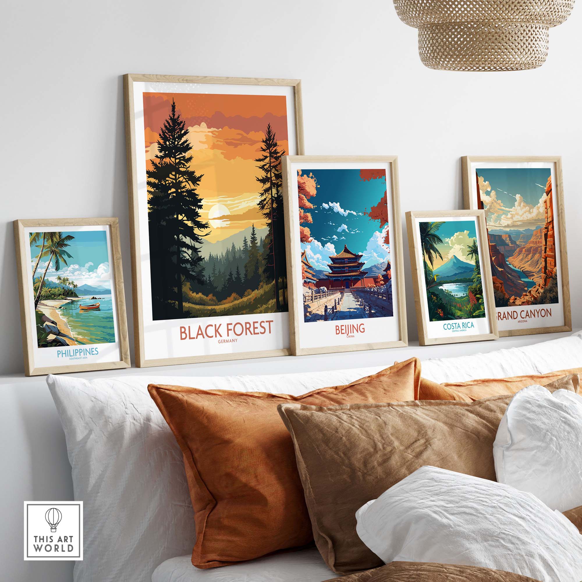 Modern Black Forest art print displayed among travel posters of iconic destinations on a stylish wall.