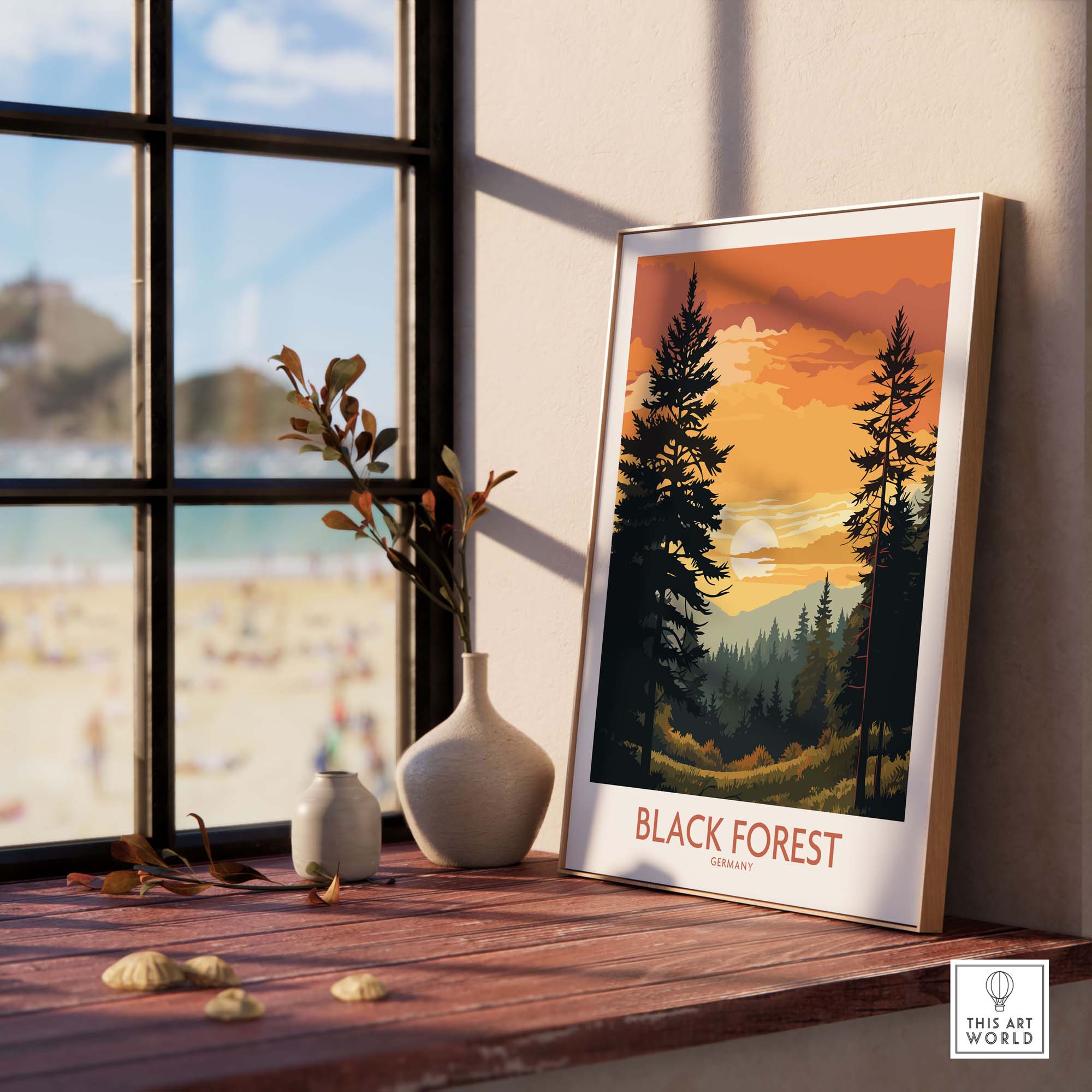 Black Forest art print modern displayed indoors, featuring vibrant colors and nature scene, bringing elegance to any space.