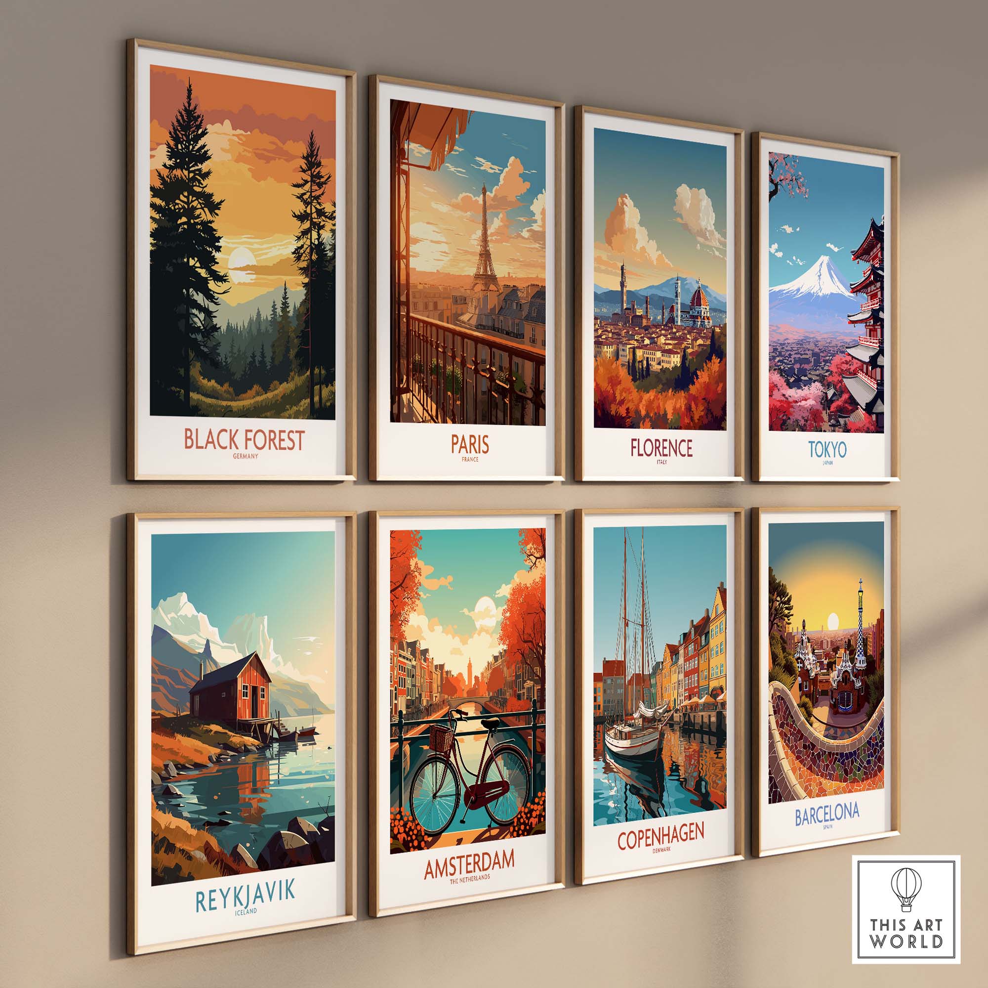 Collection of vibrant travel posters featuring Black Forest, Paris, Florence, Tokyo, Reykjavik, Amsterdam, Copenhagen, and Barcelona.